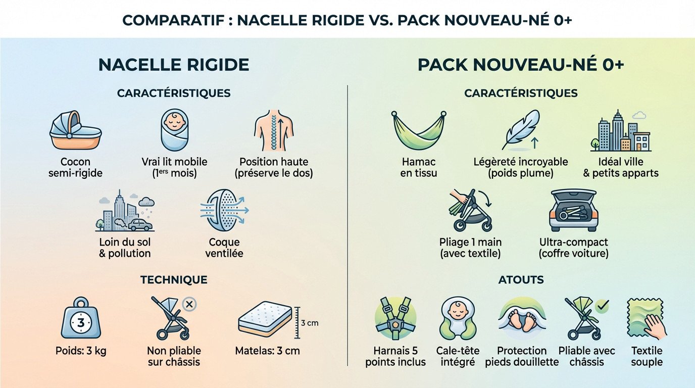 Comparatif visuel entre la nacelle rigide et le pack nouveau-né 0+ sur châssis YOYO