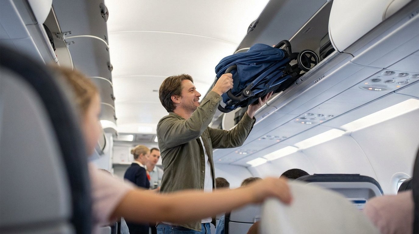 A smiling man effortlessly places a compact, folded blue travel stroller into an airplane overhead bin, with a child nearby.