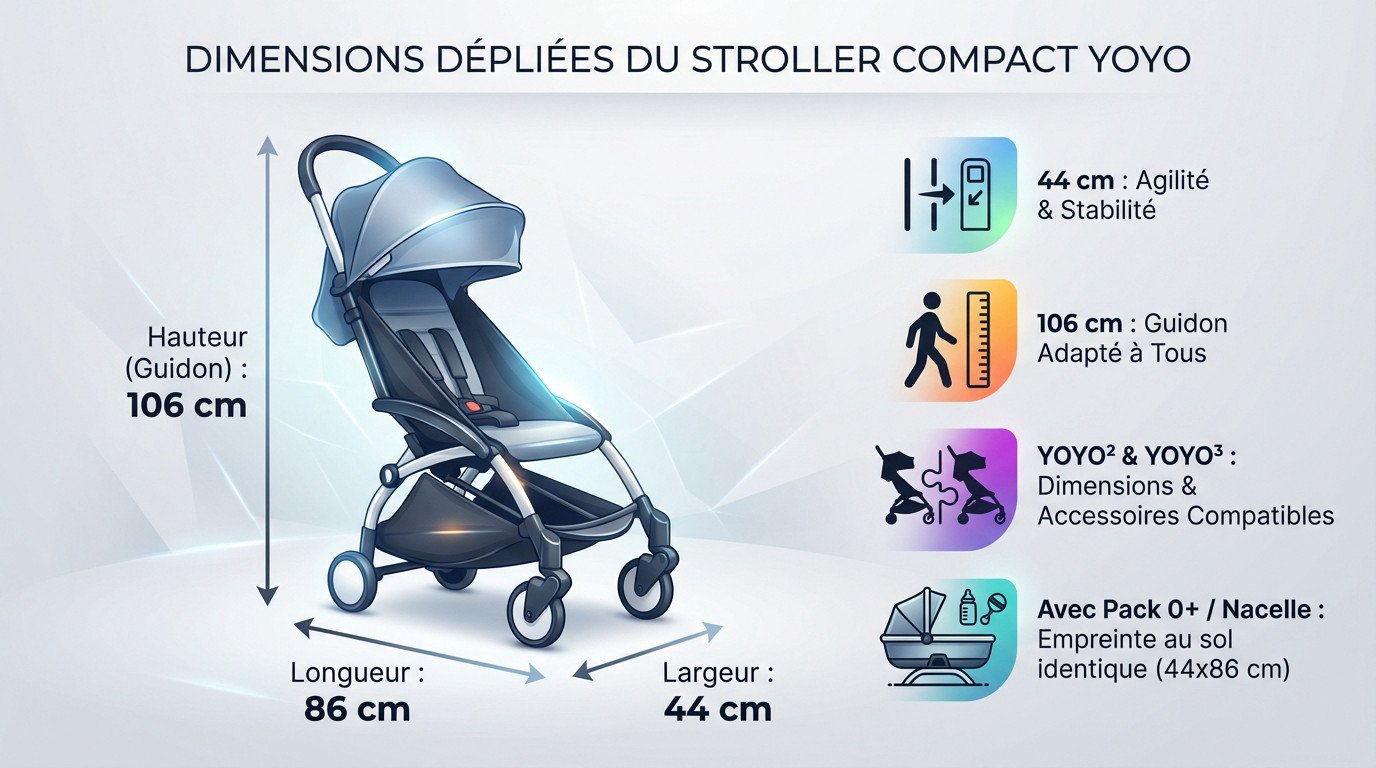 Infographie des dimensions de la poussette YOYO dépliée et pliée