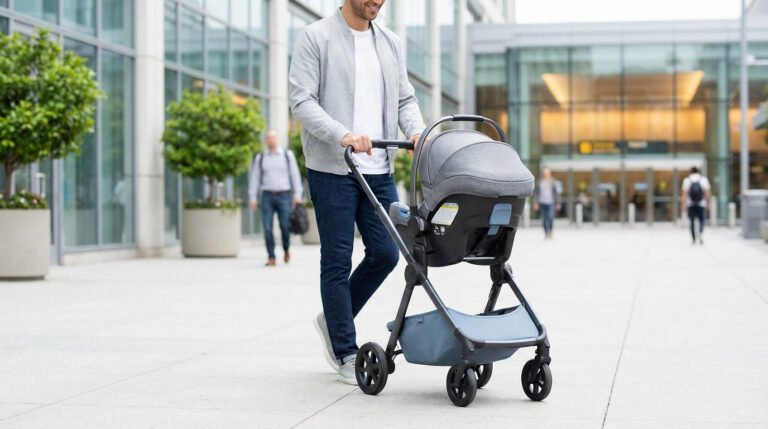 A parent pushes a modern grey and blue baby travel system (stroller with attached car seat) through a bright urban environment.