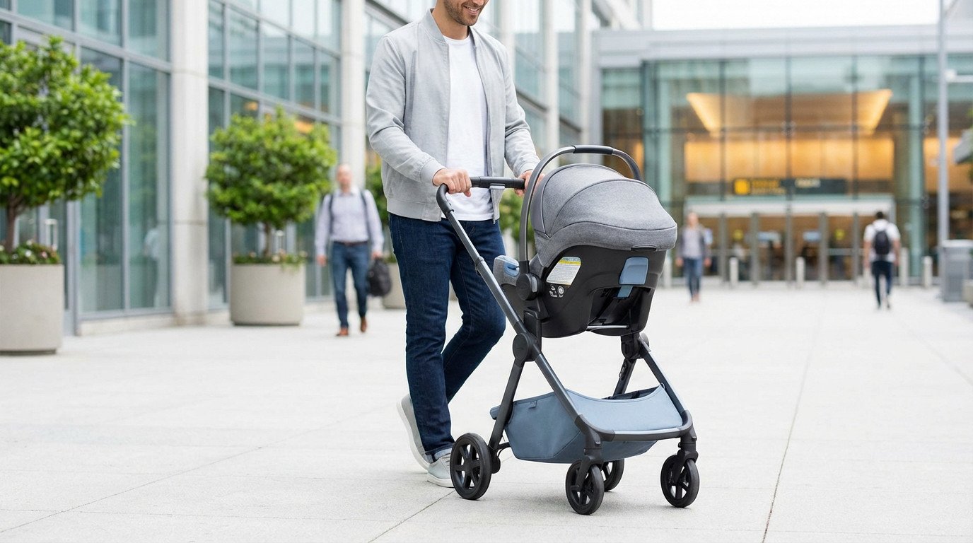 A parent pushes a modern grey and blue baby travel system (stroller with attached car seat) through a bright urban environment.