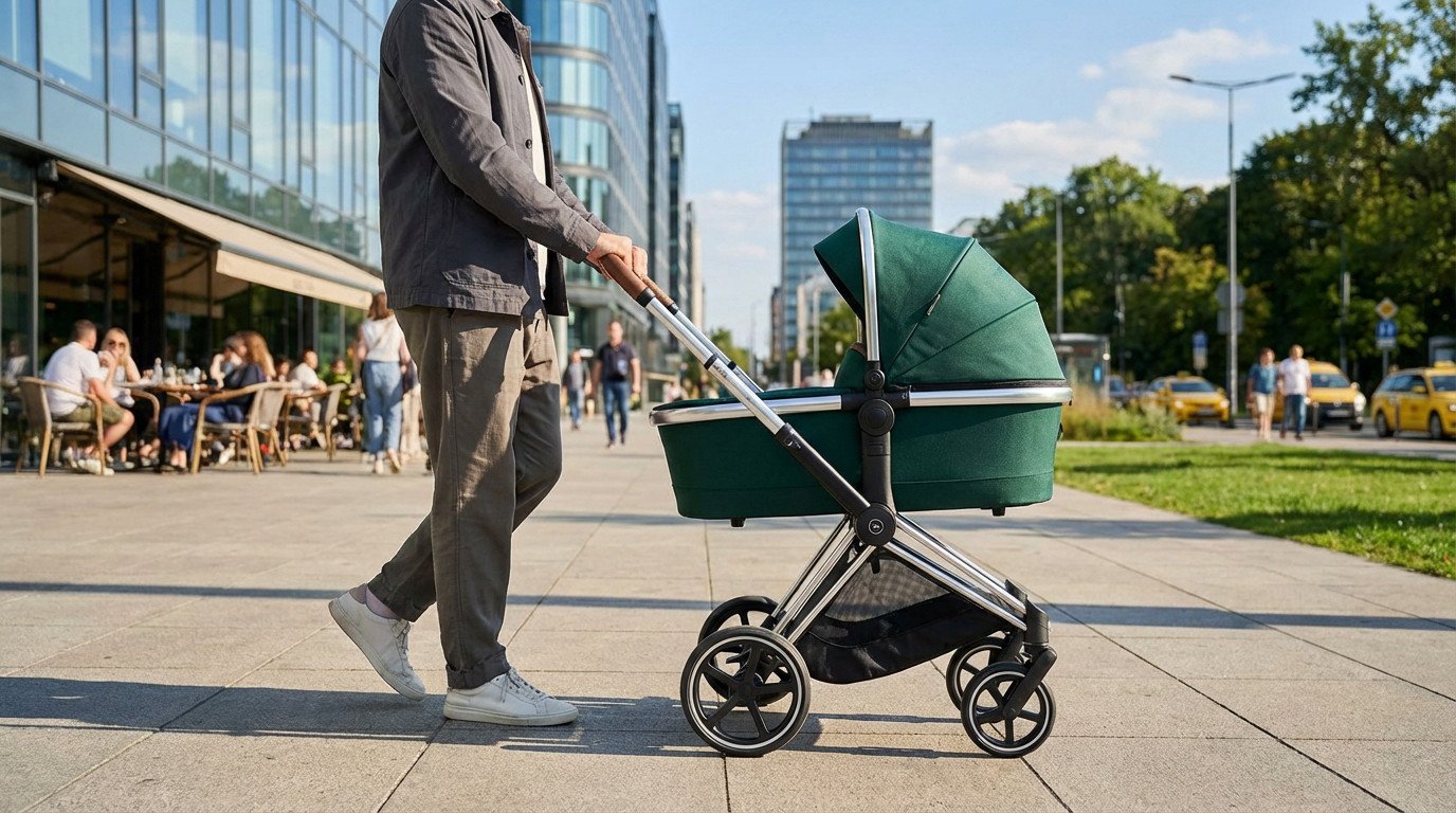 Pessoa empurra carrinho de bebê verde esmeralda moderno em calçada ensolarada. Fundo urbano borrado com café e edifícios.