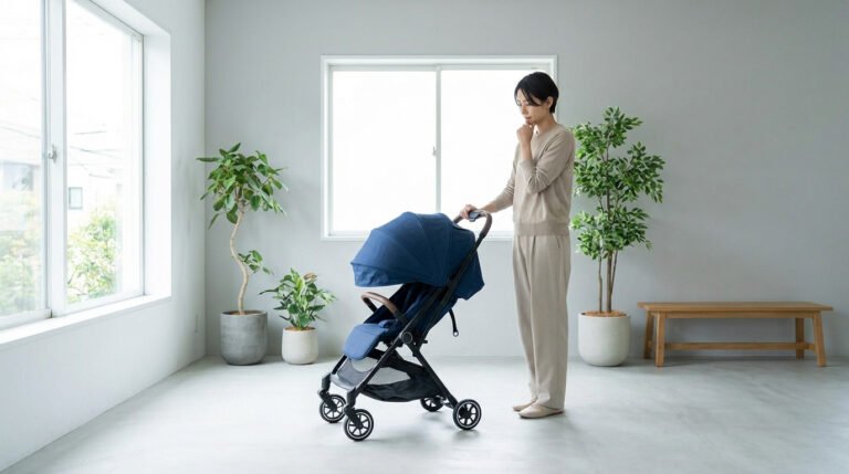 A woman thoughtfully examines a modern blue baby stroller in a bright, minimalist room with natural light and plants.