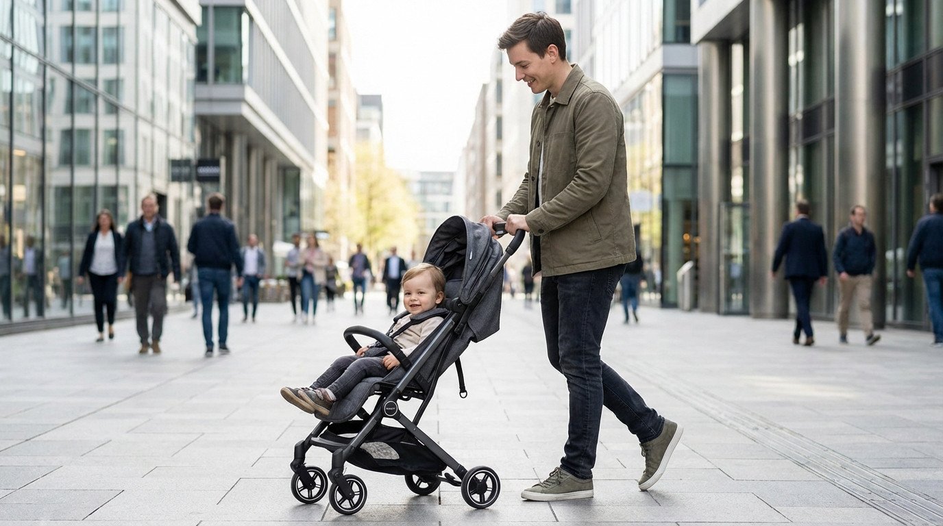 A parent pushes a joyful child in a sleek grey stroller through a sunny urban street with modern architecture and blurred people.