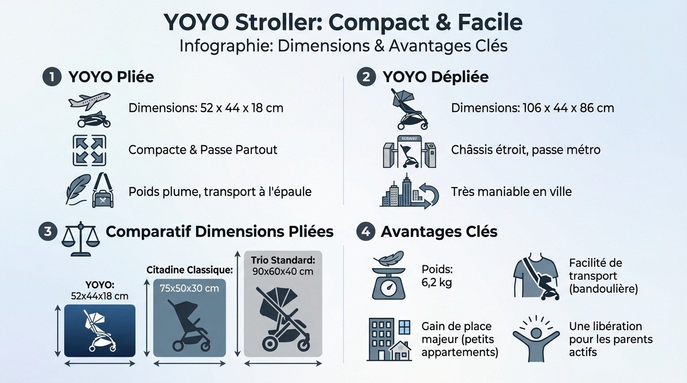 Dimensions et mesures techniques de la poussette YOYO pliée et dépliée