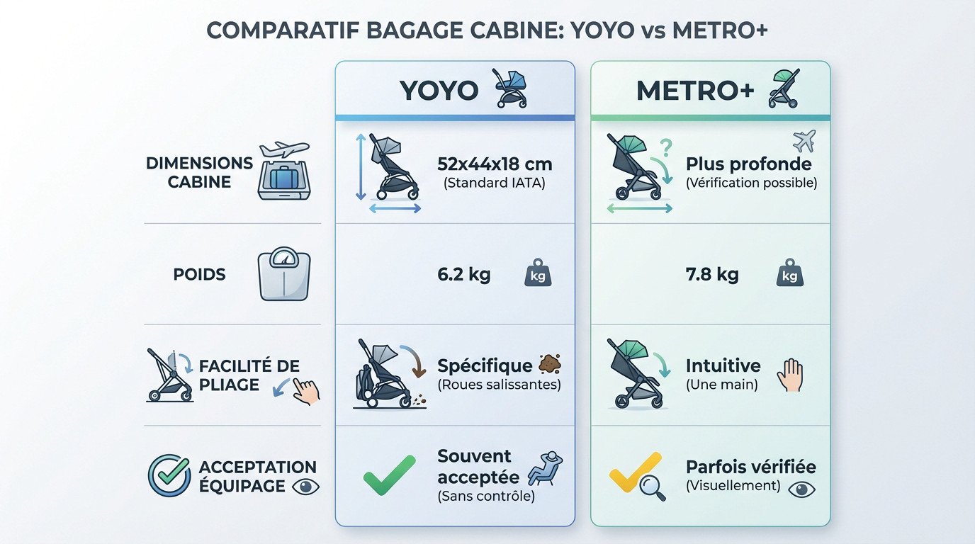 Comparatif dimensions pliées YOYO vs Metro+ pour compartiment cabine avion