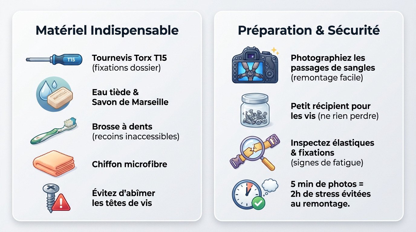 Matériel et préparation pour nettoyer la poussette YOYO